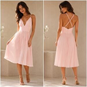Lulus Love Me To The Moon Light Pink Pleated Criss-Cross Open Back Midi Dress XS